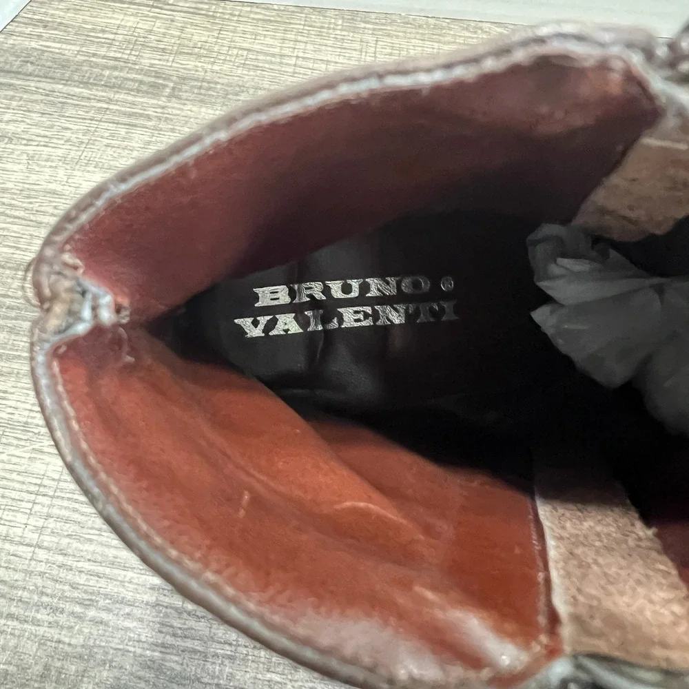 Bruno Valenti Romy Ankle Boot 8.5 Brown Leather Square Toe‎ Block Heel Zippers